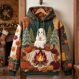Charlotte Campfire Ghost Hoodie in green, orange, front view on a hanger