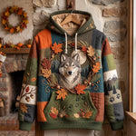 Genesis Autumn Wolf Hoodie in green, orange, brown, front view on a hanger