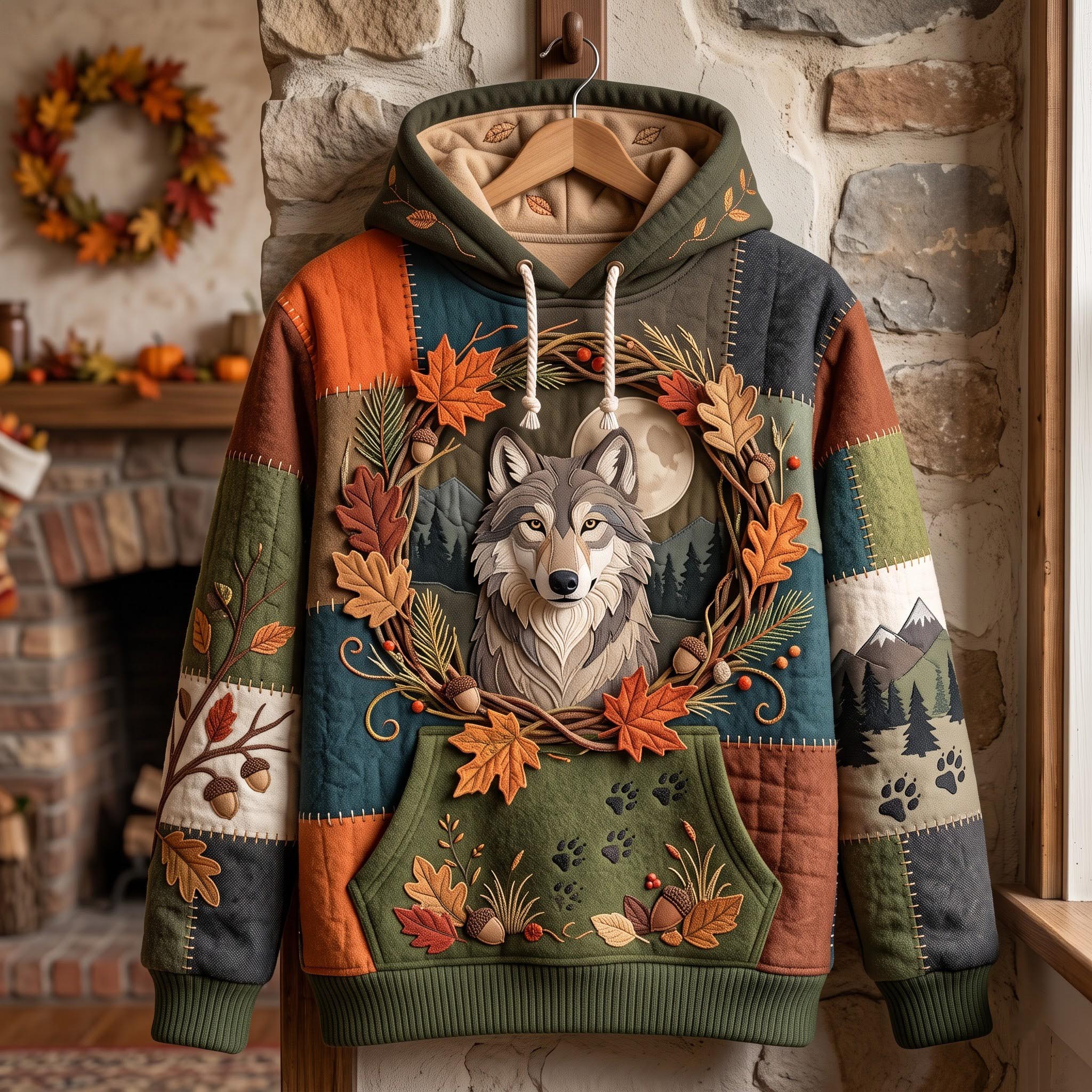 Genesis Autumn Wolf Hoodie in green, orange, brown, front view on a hanger
