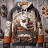Paisley Reading Club Ghost Hoodie in gray, beige, brown, front view on a hanger