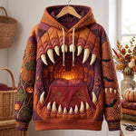 Chloe Orange Monster Mouth Hoodie in orange, burgundy, front view on a hanger