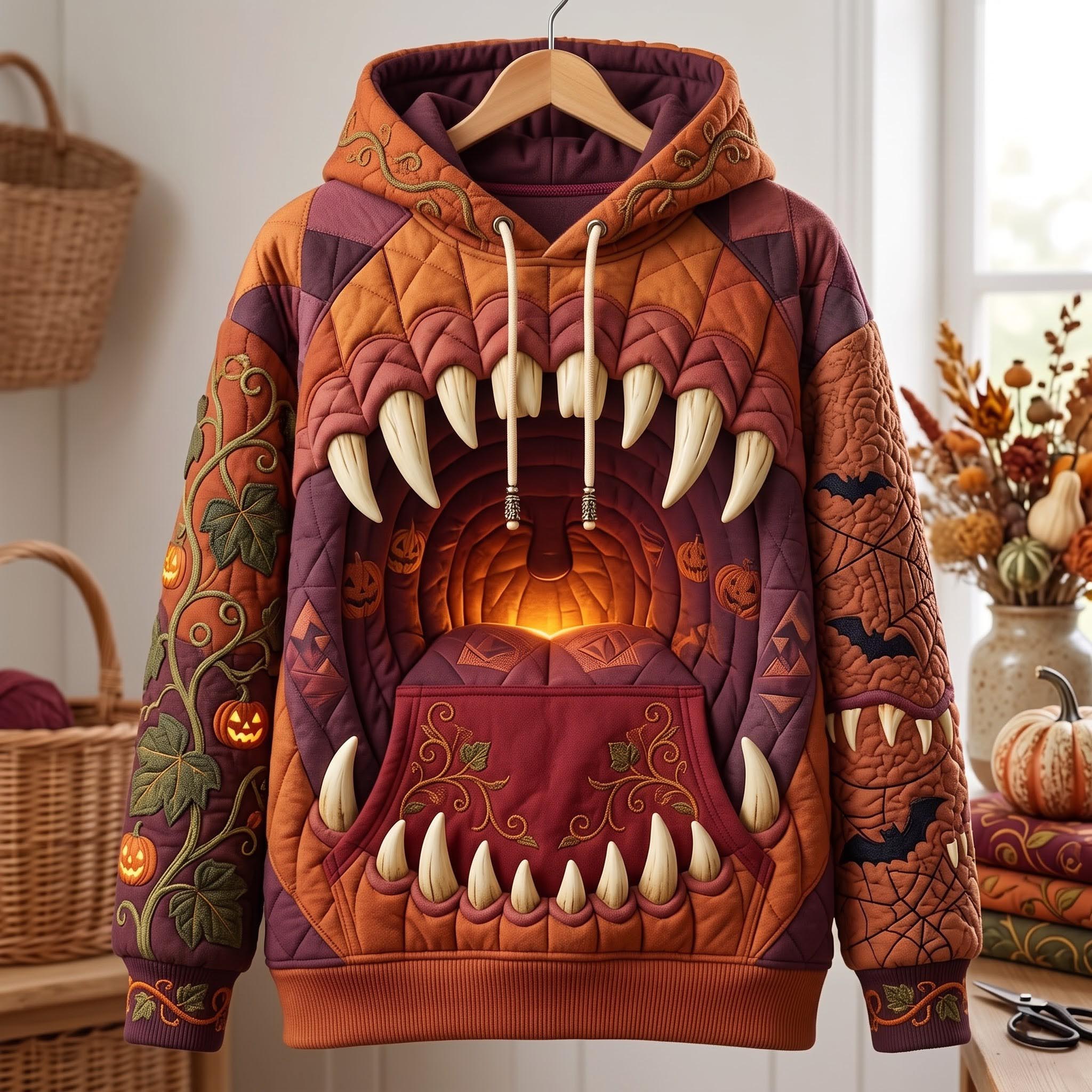 Chloe Orange Monster Mouth Hoodie in orange, burgundy, front view on a hanger