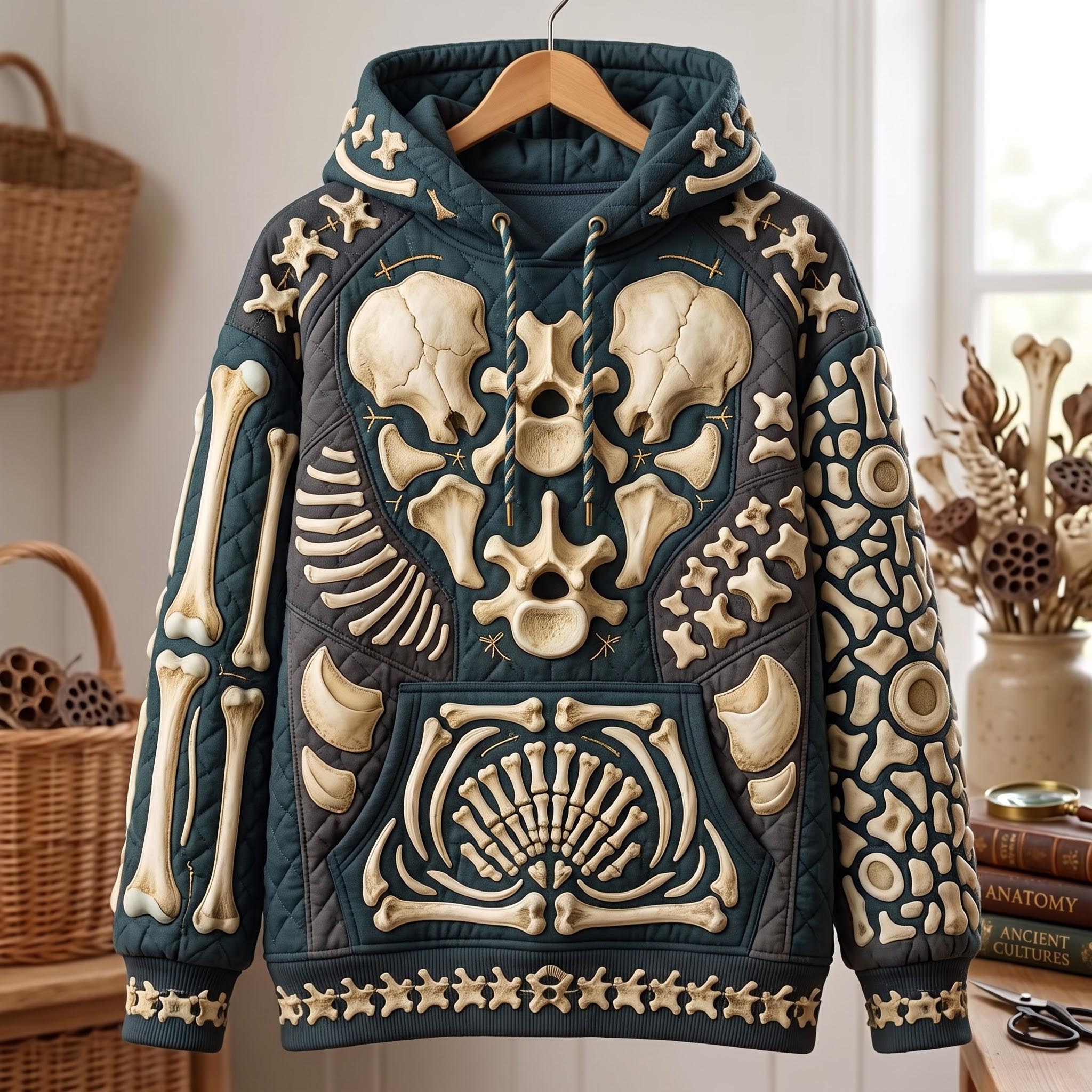 Ellie Skull Bones Hoodie in blue, beige, front view on a hanger