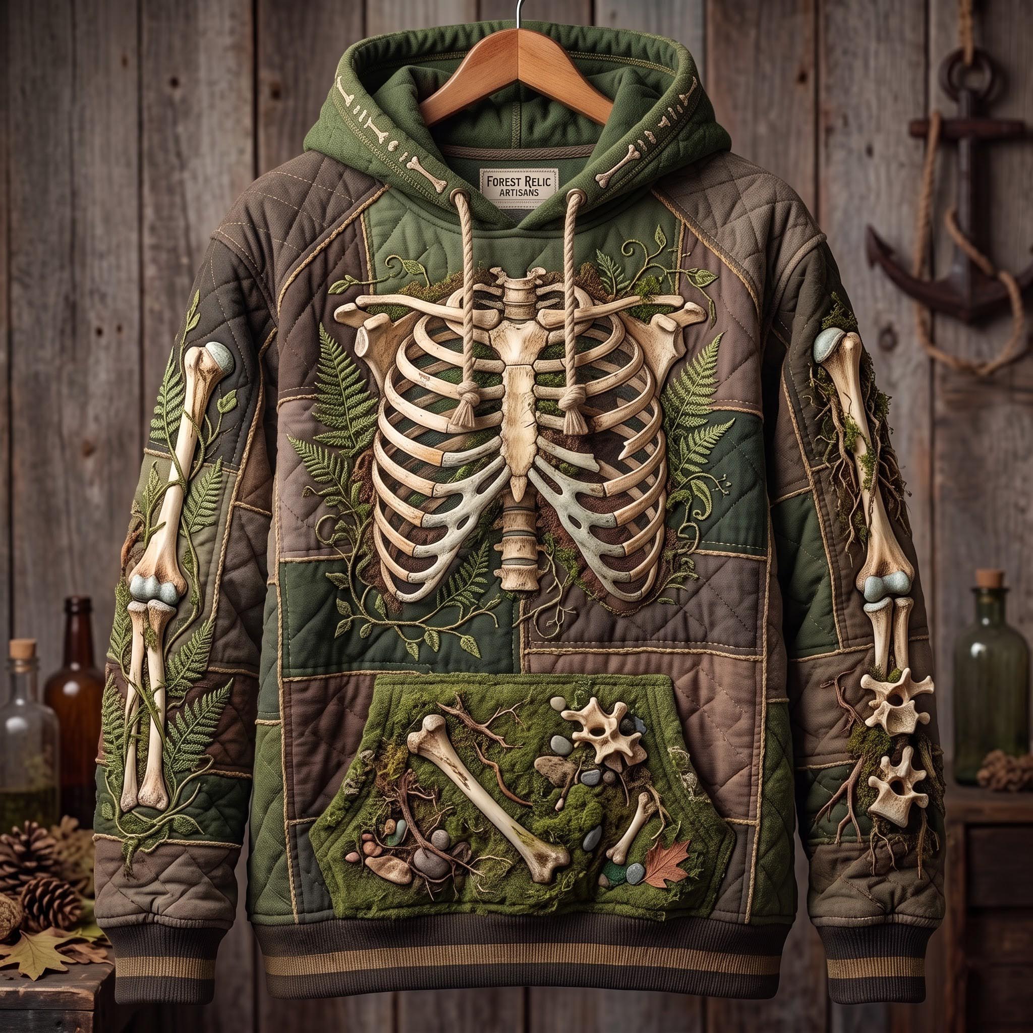 Aria Woodland Skeleton Hoodie in brown, green, front view on a hanger