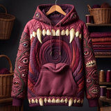 Nora Monster Fangs Hoodie in burgundy, purple, front view on a hanger