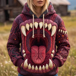 Penelope Roaring Monster Hoodie in burgundy, red, front view worn by a model