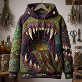 Aurora Swamp Monster Hoodie in green, purple, front view on a hanger