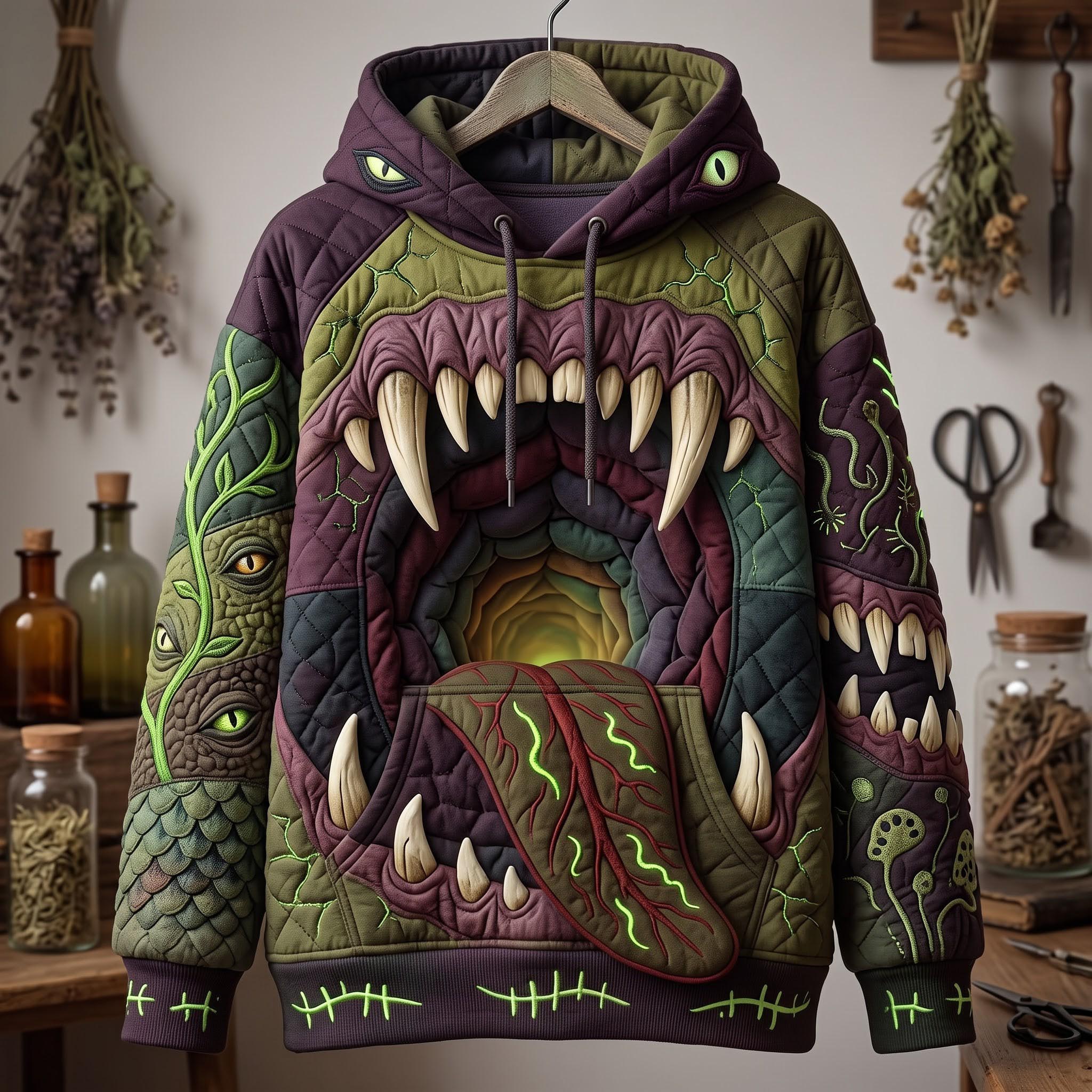 Aurora Swamp Monster Hoodie in green, purple, front view on a hanger