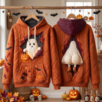 Gianna Pumpkin Peek Ghost Hoodie in orange, burgundy, front and back views on hangers