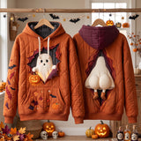 Gianna Pumpkin Peek Ghost Hoodie in orange, burgundy, front and back views on hangers