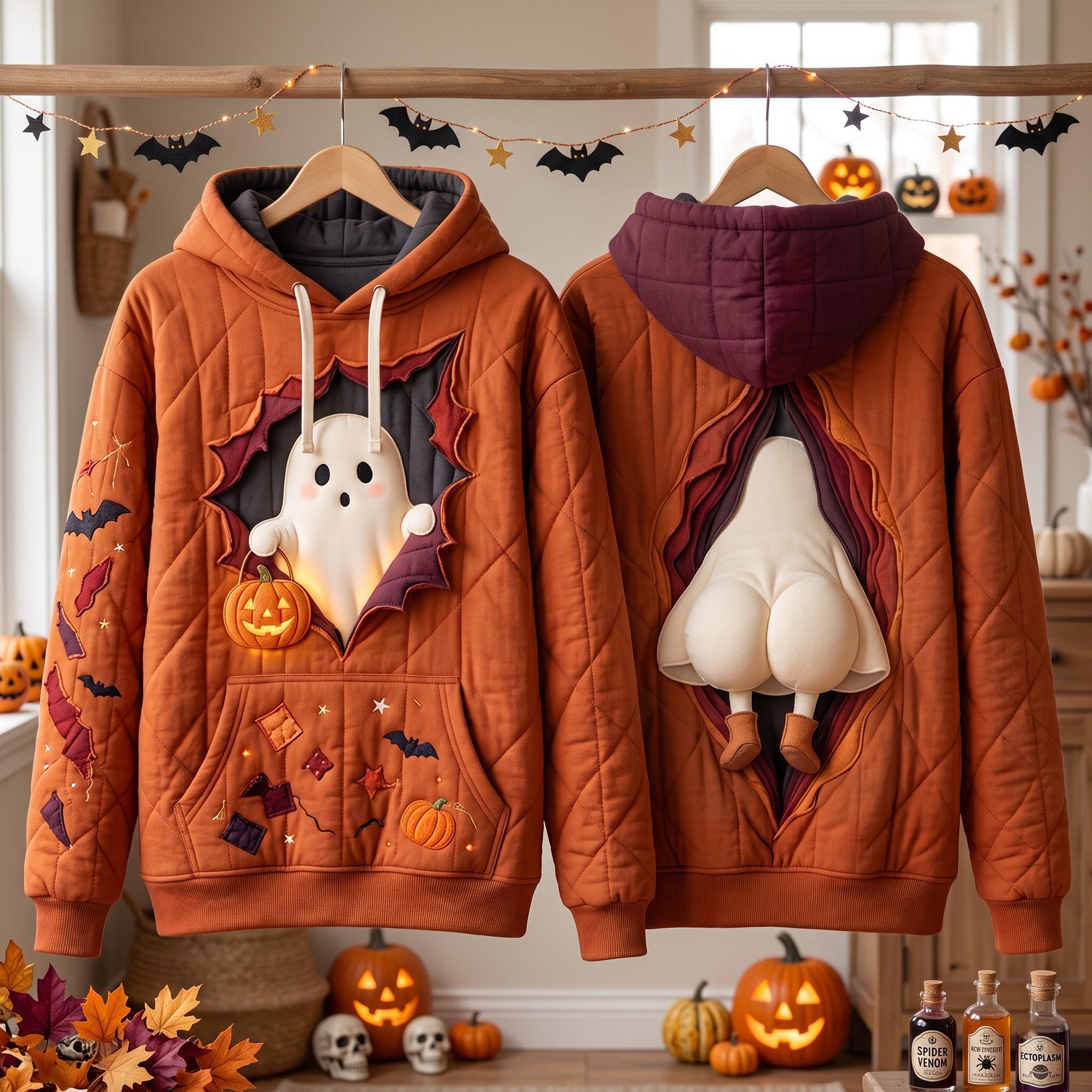 Gianna Pumpkin Peek Ghost Hoodie in orange, burgundy, front and back views on hangers
