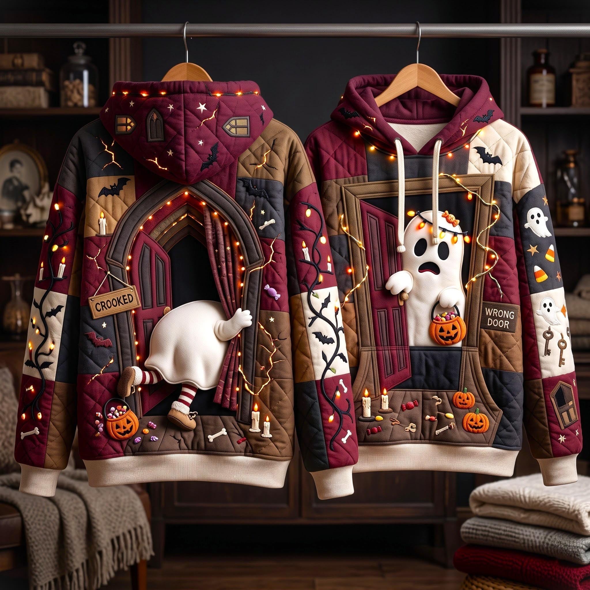 Lily Haunted Door Ghost Hoodie in burgundy, black, front and back views on hangers