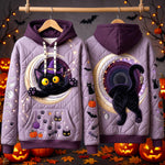 Emily Moonlit Black Cat Hoodie in purple, black, front and back views on hangers
