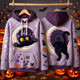 Emily Moonlit Black Cat Hoodie in purple, black, front and back views on hangers