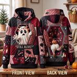 Hazel Coffin Ghost Hoodie in red, black, front and back views on hangers