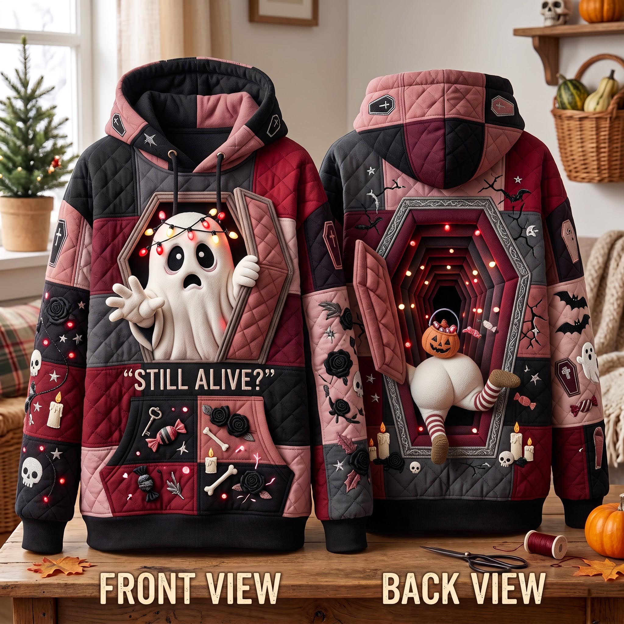 Hazel Coffin Ghost Hoodie in red, black, front and back views on hangers