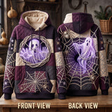 Scarlett Ghost Spiderweb Hoodie in purple, beige, front and back views on hangers