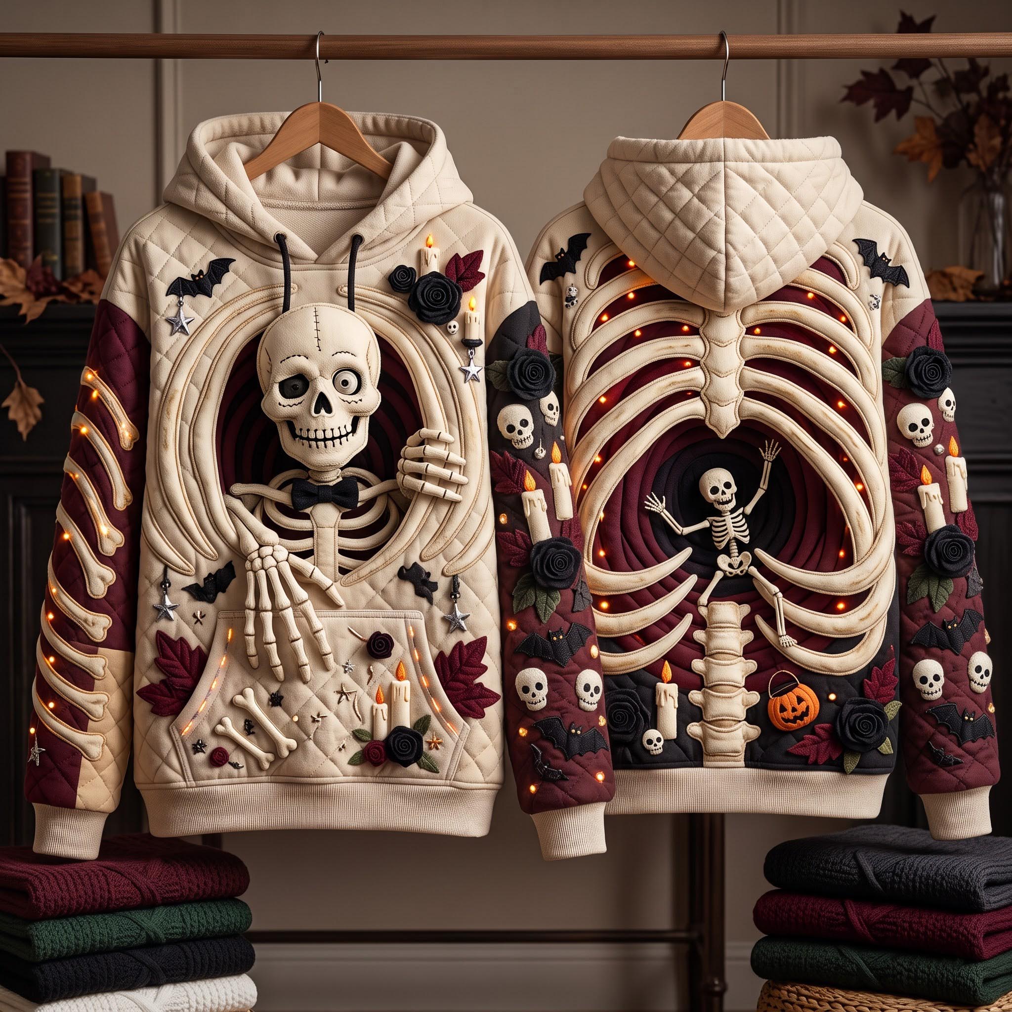 Amelia Skeleton Bones Hoodie in beige, burgundy, front and back views on hangers