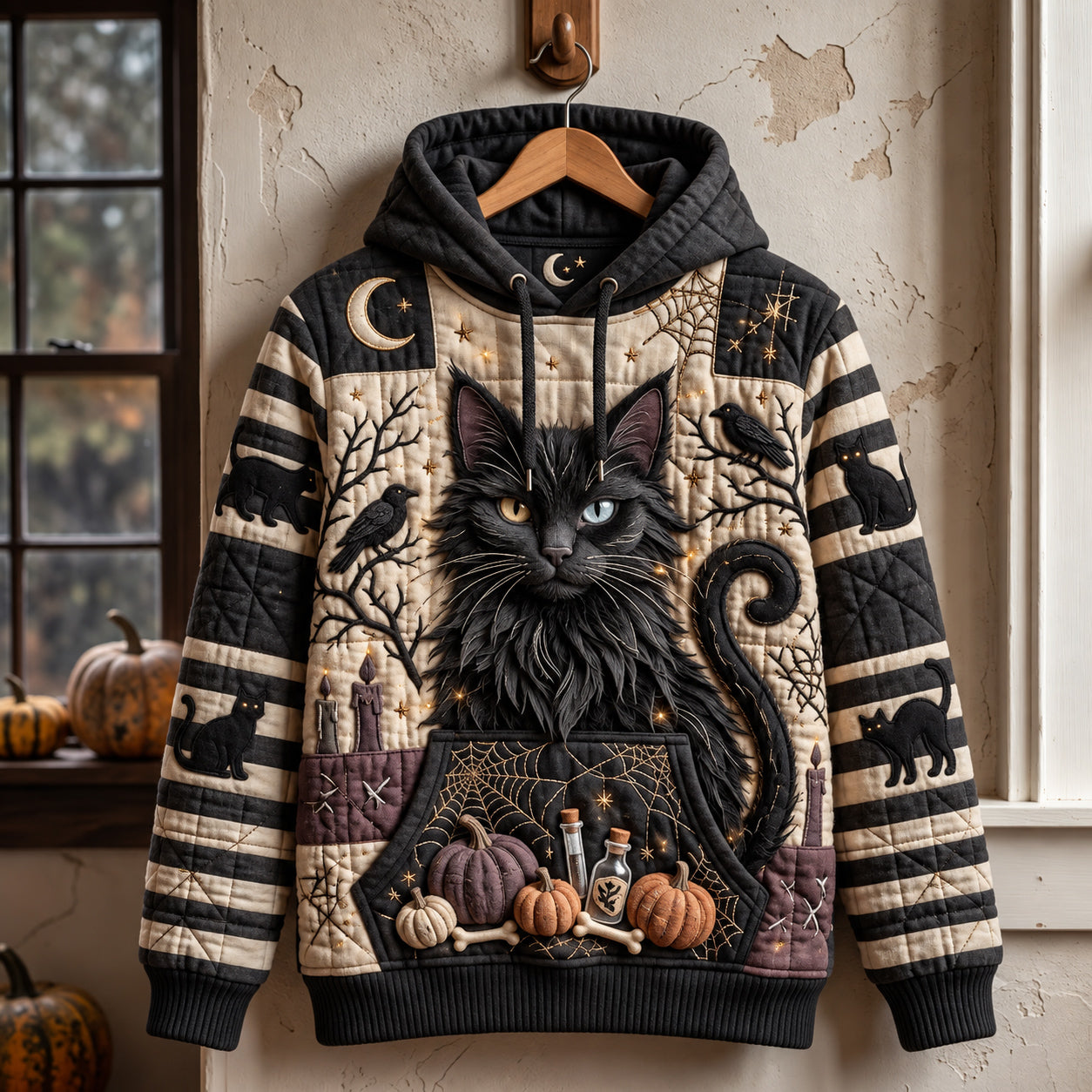 Harper Black Cat Moon Hoodie in black, beige, front view on a hanger