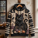 Harper Black Cat Moon Hoodie in black, beige, front view on a hanger
