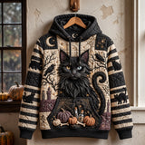 Harper Black Cat Moon Hoodie in black, beige, front view on a hanger