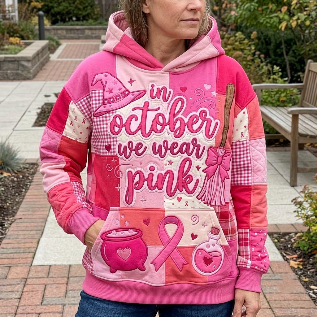Katherine Pink Witch Magic Hoodie in pink, white, front view worn by a model