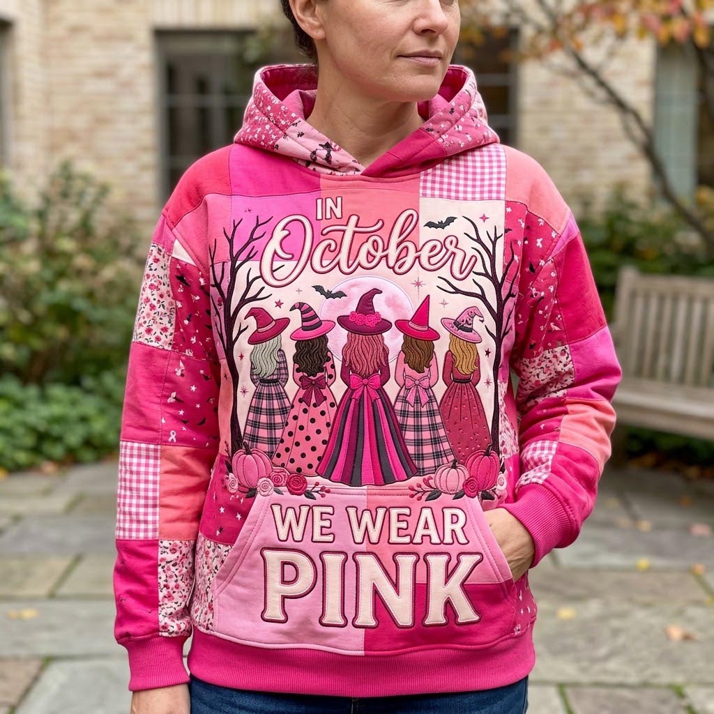 Eden Pink Witch Dresses Hoodie in pink, white, front view worn by a model