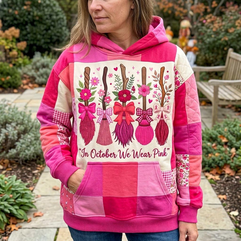 Ayla Pink Floral Brooms Hoodie in pink, white, front view worn by a model
