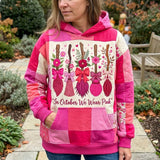 Ayla Pink Floral Brooms Hoodie in pink, white, front view worn by a model