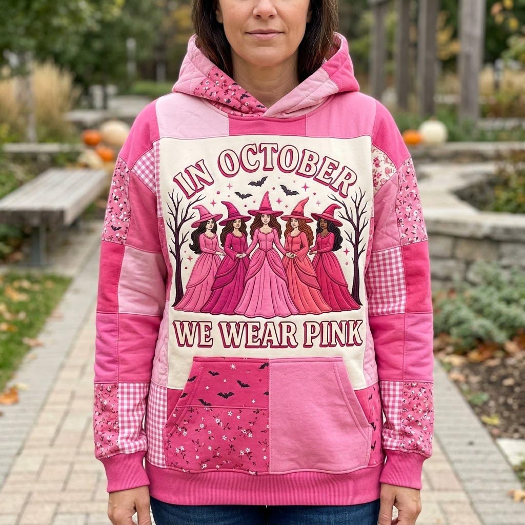 Iris Pink Witch Group Hoodie in pink, white, front view worn by a model