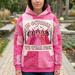 Iris Pink Witch Group Hoodie in pink, white, front view worn by a model