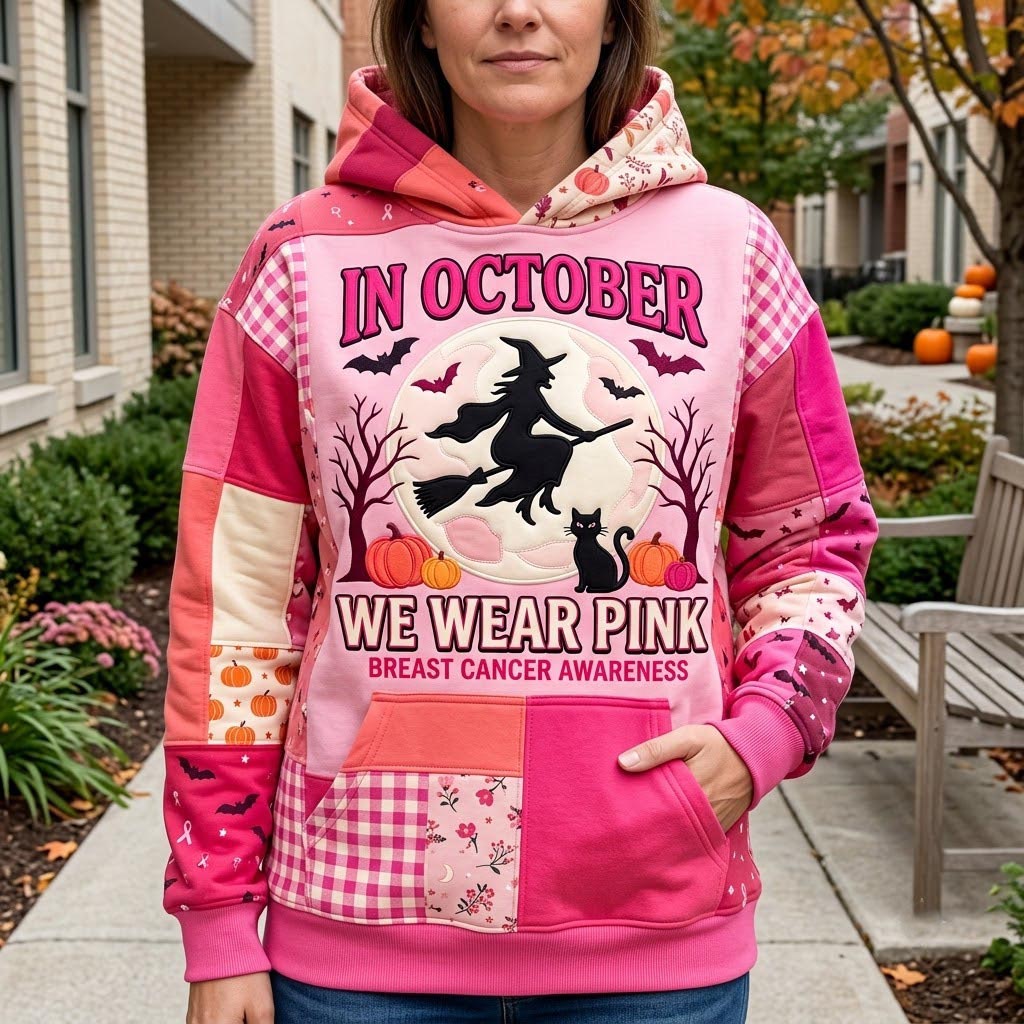 Ariana Pink Flying Witch Hoodie in pink, white, front view worn by a model