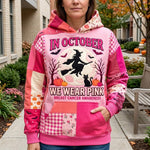 Ariana Pink Flying Witch Hoodie in pink, white, front view worn by a model