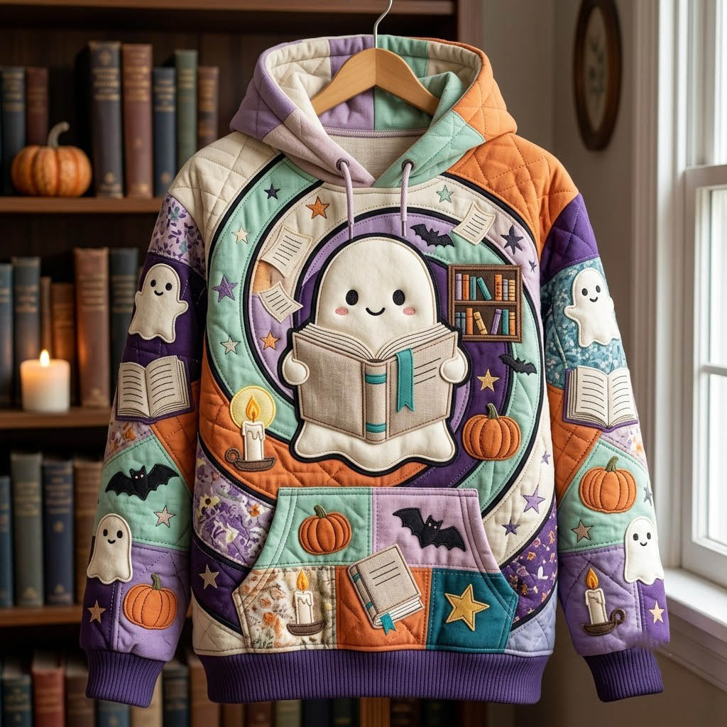 Grace Book Lover Ghost Hoodie in purple, green, orange, front view on a hanger