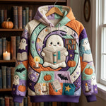 Grace Book Lover Ghost Hoodie in purple, green, orange, front view on a hanger