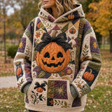 Naomi Bow Pumpkin Hoodie in beige, green, orange, front view worn by a model