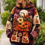 Riley Floral Pumpkin Hoodie in burgundy, orange, beige, front view worn by a model
