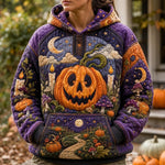 Victoria Moonlit Pumpkin Hoodie in purple, orange, front view worn by a model