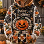 Willow Skeleton Pumpkin Hoodie in black, beige, orange, front view worn by a model