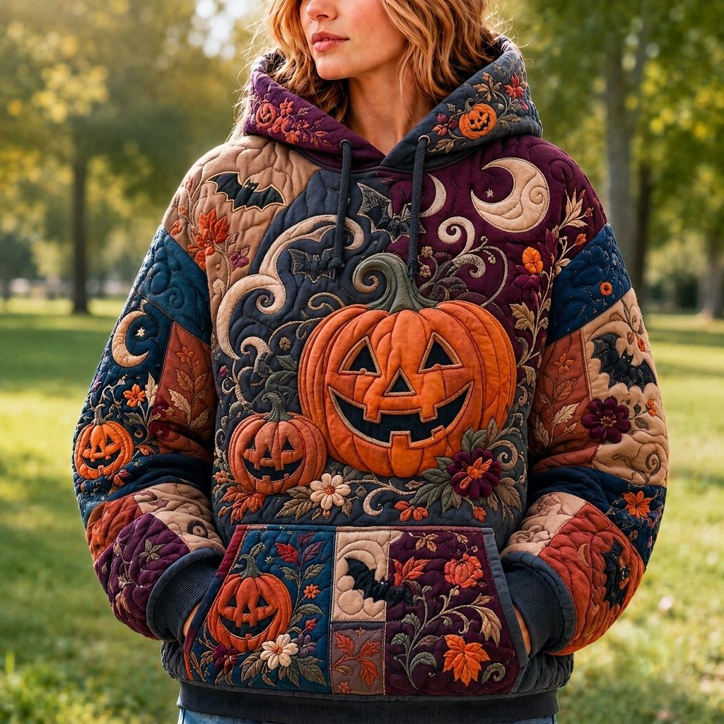 Emilia Pumpkin Moon Swirl Hoodie in blue, burgundy, orange, front view worn by a model