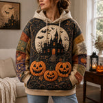 Mia Haunted House Pumpkin Hoodie in black, orange, beige, front view worn by a model