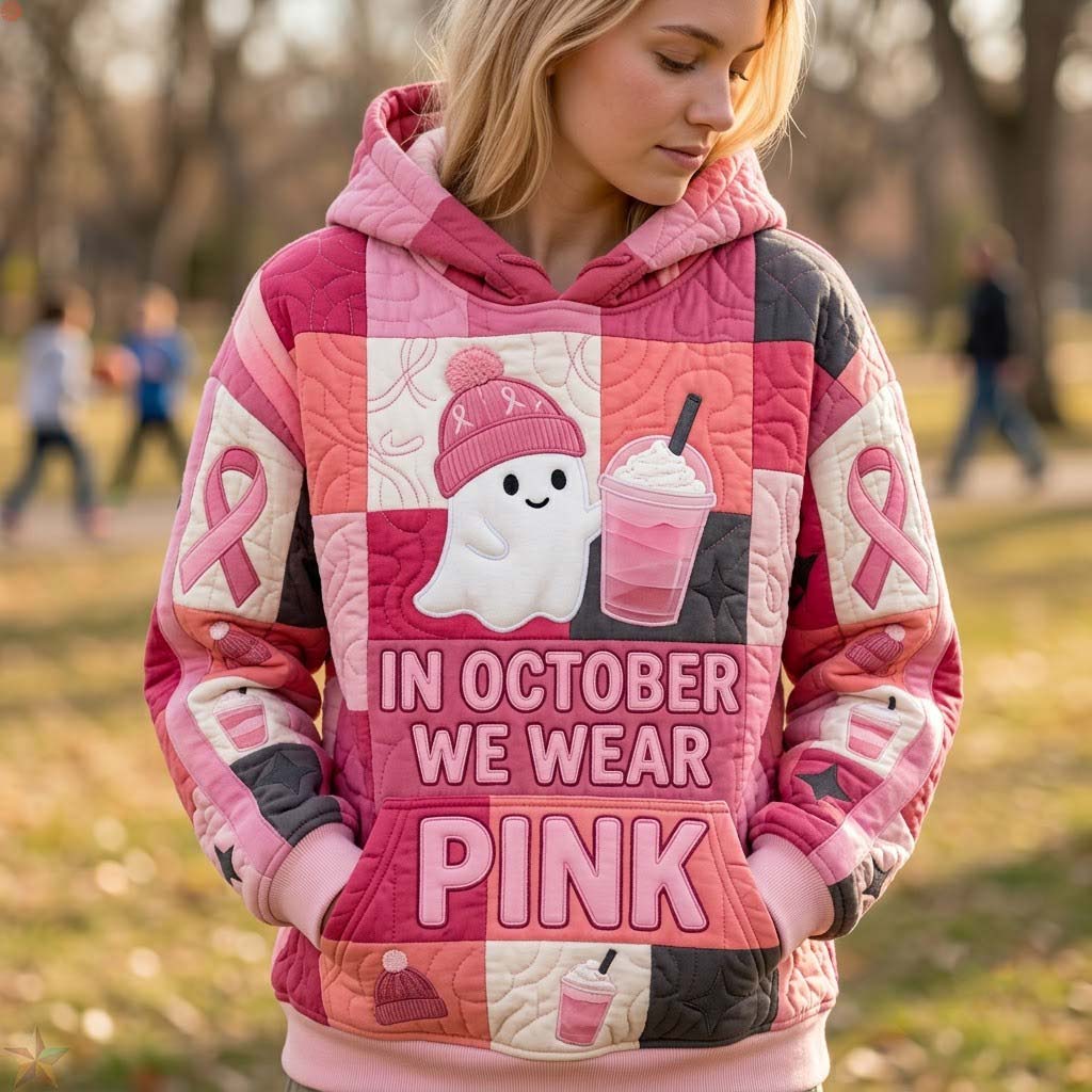 Jasmine Pink Ribbon Ghost Hoodie in pink, gray, white, front view worn by a model