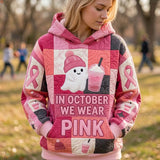 Jasmine Pink Ribbon Ghost Hoodie in pink, gray, white, front view worn by a model