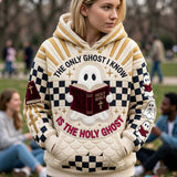 Alexandra Bible Reading Ghost Hoodie in beige, black, yellow, front view worn by a model