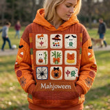 Rebecca Halloween Mahjong Hoodie in orange, beige, front view worn by a model