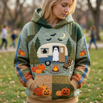 Evelyn Ghost Camper Hoodie in green, beige, front view worn by a model