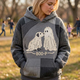 Zoey Ghost Dog Hoodie in gray, beige, front view worn by a model