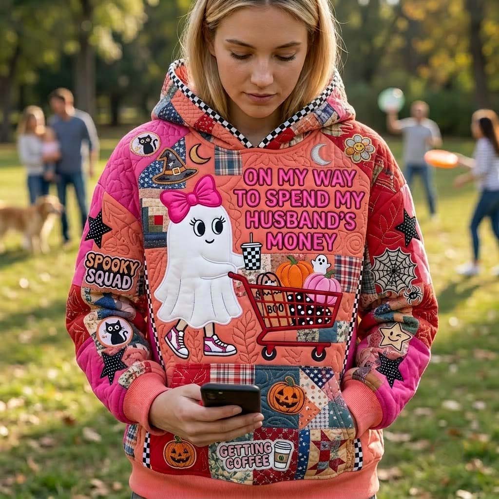 Natalia Shopping Ghost Hoodie in pink, orange, red, front view worn by a model