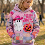 Kinsley Pink Cowgirl Ghost Hoodie in pink, purple, front view worn by a model