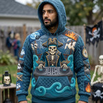 Nevaeh Skeleton Pirate Music Hoodie in blue, beige, brown, front view worn by a model